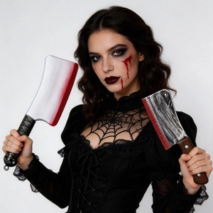 Gothic lace dress with blood-stained prop cleavers for Halloween cosplay costumes