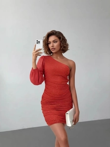 Sexy red sequin one-shoulder ruched mini dress with puff sleeve and slim fit for party