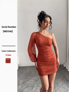 Single Shoulder Sequin Mini Dress Ruched Bodycon Long Sleeve Party Evening Sexy Elegant Women