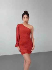 Red sequin one-shoulder bodycon dress with ruched detail and long sleeve for party
