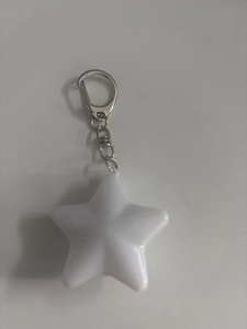 Detail of white star-shaped pendant with silver metal lobster clasp and keychain ring