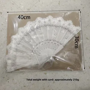 Detailed white lace folding fan with sequins and plastic frame, size 40x30cm