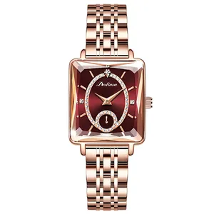 Luxury rose gold square watch for women with burgundy dial and rhinestone inlay