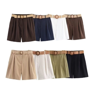 Women High Waisted Wide Leg Shorts With Woven Belt Casual Summer Solid Color Pleated A-Line Shorts