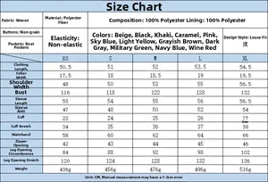 Size chart for women's bomber jacket with detailed fabric specs and measurements