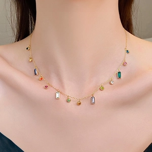 Titanium steel gold-plated necklace featuring vibrant multi-colored zircon pendants