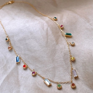 Titanium steel gold-plated necklace with vibrant multi-colored zirconia gemstones
