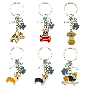 Detailed set of six cartoon Corgi and Poodle keychains with bone and heart charms