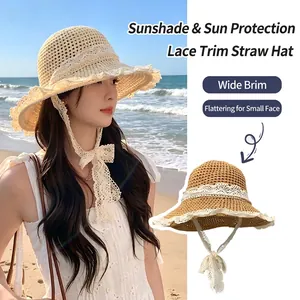 Women Straw Sun Hat Lace Ribbon Breathable Wide Brim Beach Vacation Summer Elegant