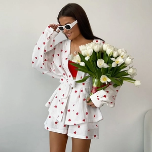 Ensemble pyjama 2 pièces en coton pour femme avec imprimé cœur et gilet à ceinture