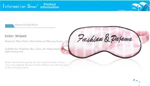 Detailed view of pink striped sleep mask with Fashion and Pajama embroidery