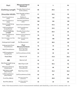 Tableau des tailles détaillé pour ensemble pyjama 5 pièces en soie avec mesures