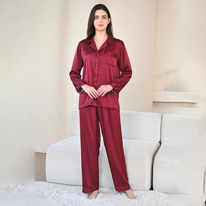 Women Luxurious Satin Pajama Set Long Sleeve Top And Bottom Button Down Sleepwear Striped Wine Red Loungewear