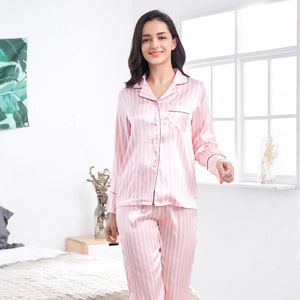 Pink striped satin pajama set for women featuring long sleeves and button-down collar