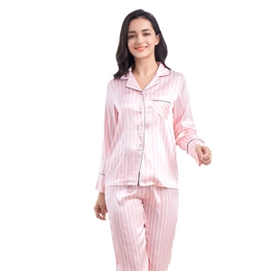 Women's pink striped satin pajama set with long sleeves, button-up top and long pants