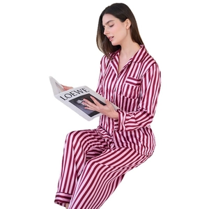 Red and white striped silk pajama set for women including long sleeve shirt and pants