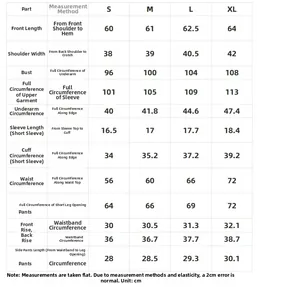 Tableau des tailles détaillé en cm pour l'ensemble pyjama en soie glacée s-xl