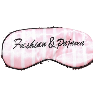 Pink and white striped silk sleep mask with black Fashion & Pajama embroidery