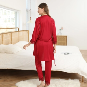 Red ice silk pajama set with black eyelash lace trim and matching robe for women
