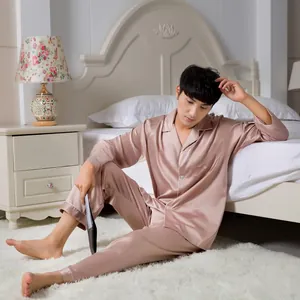 Detail of premium stretch satin men's pajamas set featuring silk-like glossy finish