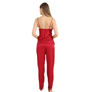 Three-piece red ice silk pajama set with lace trim and satin finish for women