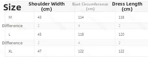 Size chart for women's long bathrobe showing shoulder, bust, and length in cm