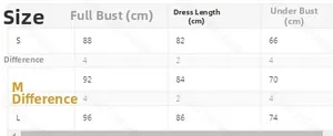 Size chart for lace lingerie dress with measurements for bust, length, and underbust