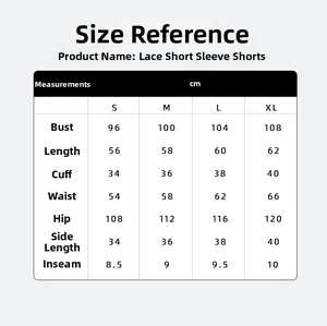 Detailed size chart for lace short sleeve pajama set with measurements in cm for S to XL