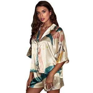 Women ice silk pajamas set with short sleeves and floral print on champagne satin