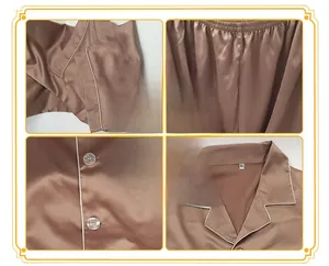 Detail view of champagne satin pajama cuffs, elastic waist, and pearlescent buttons