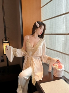 Detailed view of women's 3-piece champagne satin sleepwear set with elegant lace trim