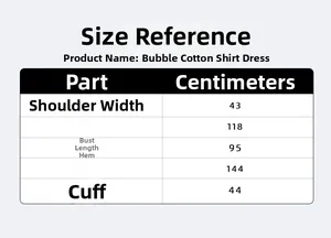Detailed size chart for the women's bubble cotton shirt dress including shoulder and bust