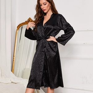 Women's elegant black satin leopard print long-sleeve bathrobe with belted waist tie