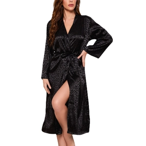 Women's black leopard satin long robe with V-neck, waist belt, and elegant silk-like finish