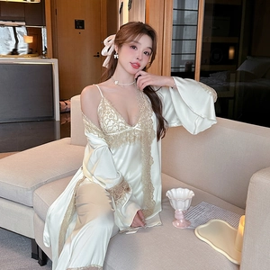 Three-piece women's satin sleepwear set with camisole, pants, and lace trim robe