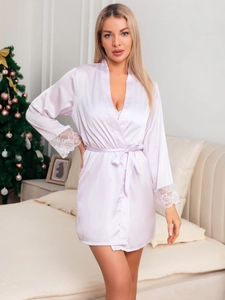 Close-up of lilac ice silk robe showing elegant lace cuffs and tied waist belt details