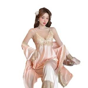 Three-piece silk satin pajamas set for women with lace trim camisole, pants, and robe