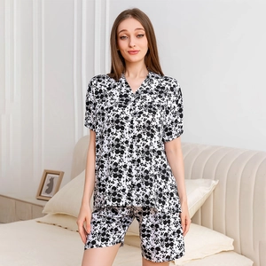 Women's 2-piece rayon pajama set with short sleeves and black white clover print