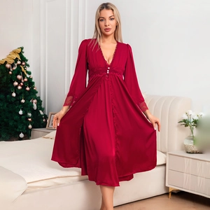 Ensemble de Vêtements de Nuit en Satin pour Femmes Col en V Patchwork en Dentelle Robe et Peignoir Longues Manches Top and Bottom