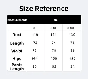 Size guide for women's ice silk pajama set with XL to 3XL measurements in centimeters