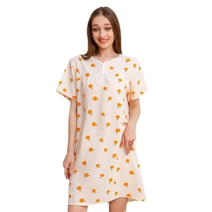 Women's summer seersucker nightdress with orange prints and short sleeves in light beige