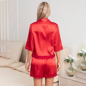 Red satin two-piece pajama set with short sleeves and lace trim back view for women