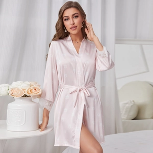 Peignoir en Satin pour Femme Bordure en Dentelle Manches Longues Imprimé Fleuri Cœur Col en V Robe de Chambre d'Été Élégante