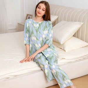 Women's light blue viscose pajama set with yellow tulip print and long pants