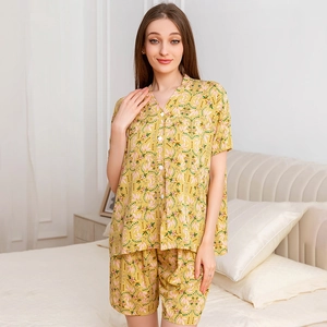 Women's rayon summer pajama set with yellow floral print short sleeves and shorts