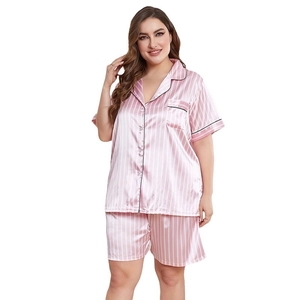 Women's ice silk short sleeve pajama set with pink and white vertical stripes