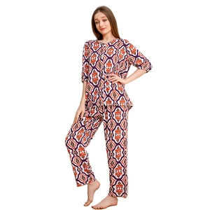 Women's rayon pajama set with ethnic geometric patterns featuring five-point sleeves and pants