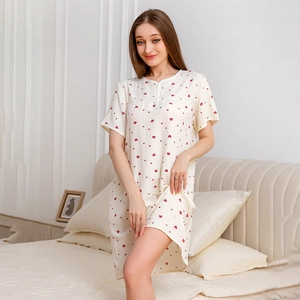 Women's summer short sleeve nightgown with cute red heart patterns in breathable white fabric