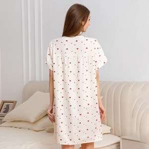 Women's summer white short sleeve lounge dress with red heart print and pleated back design
