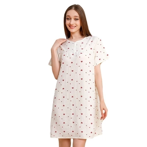 Women's short sleeve summer nightgown in off-white cotton featuring red heart prints